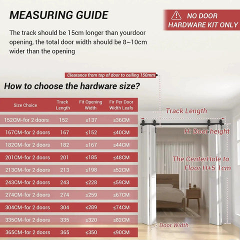 Bi Folding Barn Door Hardware Kit 5ft 60 Inch Sliding Track For Four Doors Heavy Duty Carbon Steel Frosted Black Finish Rust Resistant Hardware Only No Wood Door Included With Mounting Hardware; measurement guide showing track length and door dimensions.