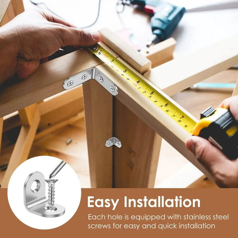 Heavy Duty Corner Bracket Set With 72 Piece Total Featuring 48 L Brackets And 24 Triangular Supports installed on wooden furniture