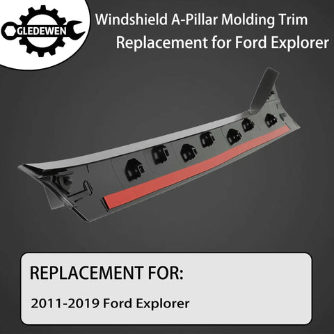 A Pillar Windshield Trim Molding For 2011 To 2019 Explorer Front Right Passenger, side view with bracket and trim details.