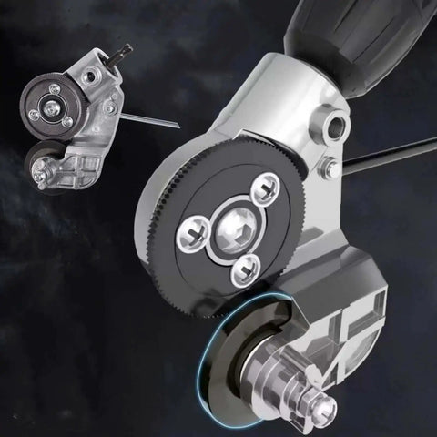 Close-up of sheet metal shear drill attachment for fast flat metal cutting up to 20 to 30 gauge, compatible with most cordless drills.