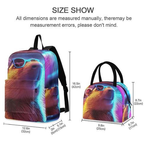 Neon Insulated Lunch Backpack With Built-In Cooler displaying bear print design with sunglasses, shown in comparison with smaller lunch bag.