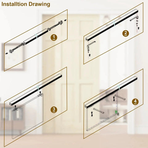 Installation drawing of Bi-Directional Soft Close Sliding Pocket Door Rollers Kit with 1 Inch Ball Bearing Wheels for track series.