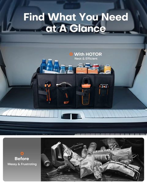 Foldable Car Trunk Organizer For SUVs And Sedans With Two Large Compartments And Six Mesh Pockets Keeps Groceries Tools And Gear Neat And Ready For Any Trip On The Go In Black, shown in an SUV trunk.