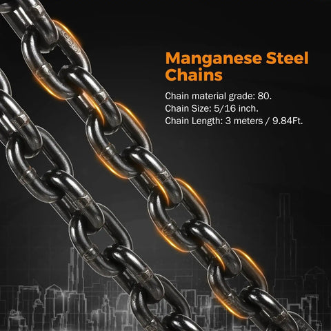 Close-up of manganese steel lifting chain, 5/16 inch links, 3 m long, heavy-duty