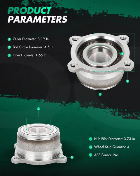 Two Piece Rear Wheel Hub Bearing Kit For Nissan Frontier Xterra Suzuki Equator 2005 To 2014 2.4L 2.5L 4.0L Right Side Replacement Durable High Grade Pro Grade, showing dimensions and features.