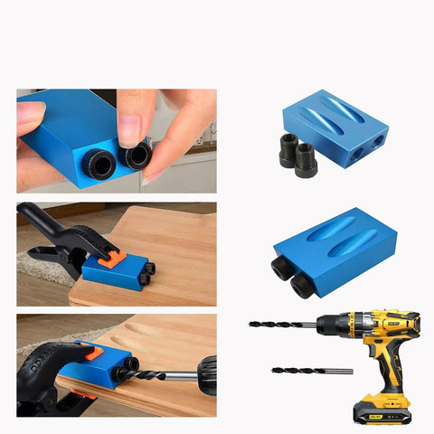 Pocket Hole Jig Kit 14 Piece for Woodworking and Carpentry Joinery 15 Degree Inclined Hole Fixture, drill bits, and guide in use.