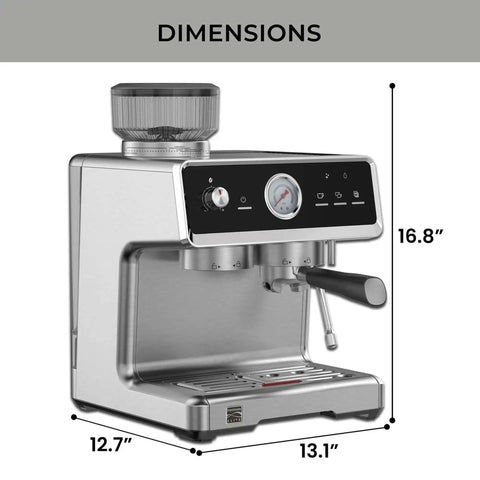 Espresso Machine With Auto Tamper Auto Cleaning Milk Frother And Built In Grinder For At Home Barista Grade Cappuccinos Lattes And Macchiatos With Nine Bar Pressure Extraction And Cafe Quality Crema In Sleek Stainless Steel side view with dimensions.
