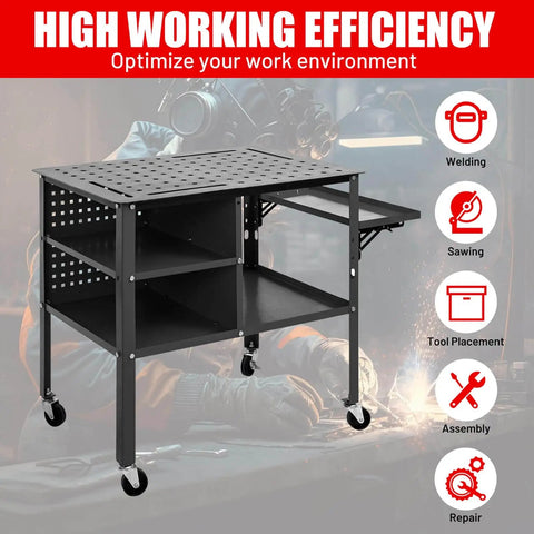 Front view of 36 Inch By 24 Inch Beefy Heavy Duty Welding Table On Wheels With 1200 Pound Capacity Mobile Steel Workbench