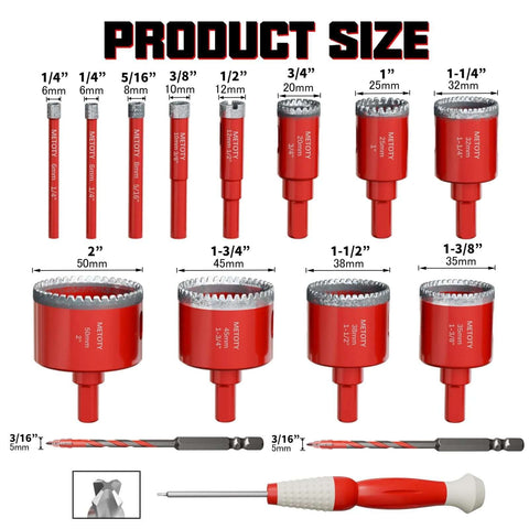 Pro Grade Diamond Hole Saw Drill Bit Set 15 Pc For Ceramic Glass Tile Marble Granite with size labels and bits shown