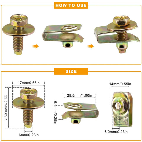 Heavy Duty 20x M6 1.0 Car Body Bolts With 10mm Hex Head And 17mm Washer Plus 20x U Nuts Clips showing dimensions and installation.
