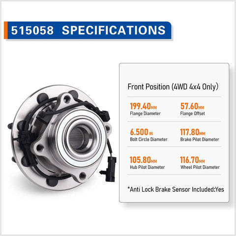 Front Wheel Bearing Hub Assembly 4WD for Chevy Silverado Suburban Avalanche 1500 2500 3500 HD and GMC Sierra 1500 2500 3500 Yukon XL 2500 H2 Hummer 8 Lug, showcasing specifications and measurements