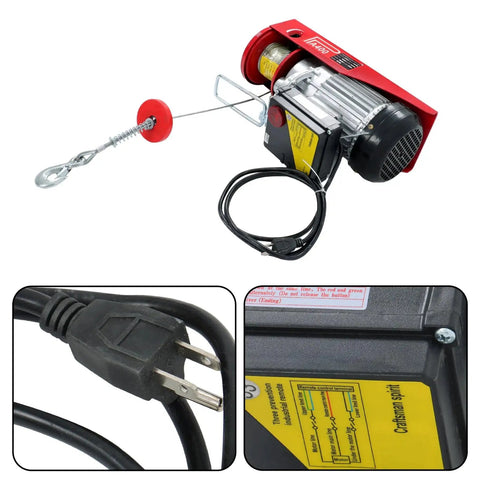 Timunr electric hoist with red housing; side view shows lifting rope, metal hook, and power cord