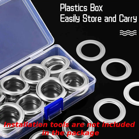 Clear box with 25 Sets 1 Inch Grommets And Eyelets Kit With Washers Self Backing for Leather Tarp Clothes Canvas Curtain