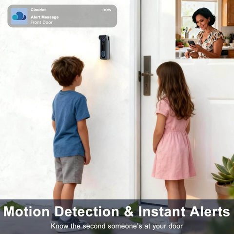 Doorbell Camera Wireless With Chime 2K HD Video AI Motion Detection Two Way Audio Night Vision installed on white wall