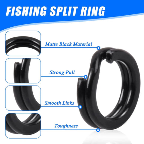 Fishing Split Rings Assortment Kit With 200 Pcs Stainless Steel Rings, close-up view showing matte black material and strong pull.