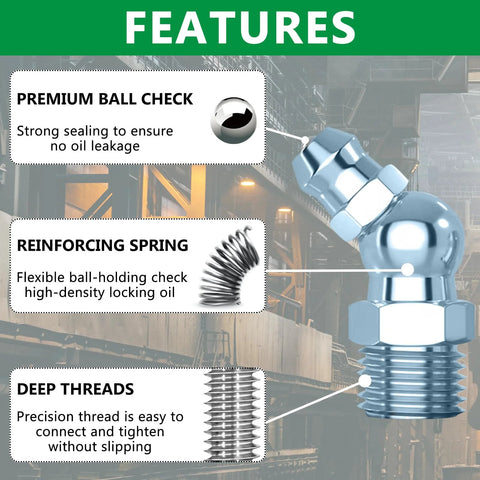 Grease fitting (Zerk) set in blue metal, SAE and metric, straight and 45/90 degree angles.