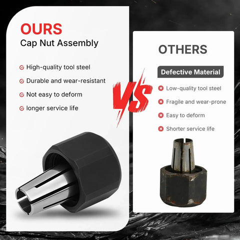 Comparison of Pro Grade Self Releasing Collet And Locking Nut Assembly 1/4 Inch with standard cap nut assembly highlighting durability