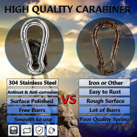 Comparison of Heavy Duty 304 Stainless Steel Snap Hooks for Outdoor Gear and Camping with iron hooks, highlighting durability and finish.