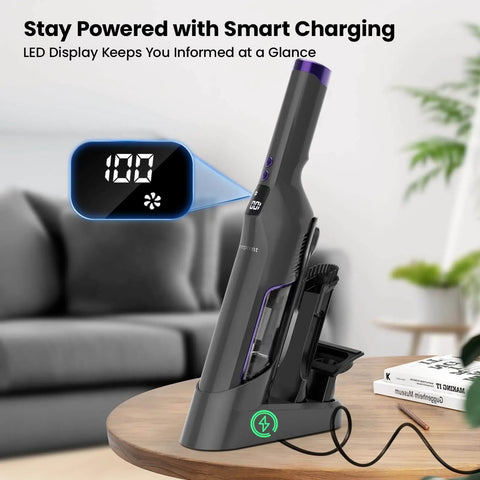 Cordless Handheld Vacuum 24KPa Brushless Motor, Charging Dock on table, purple lightweight cleaner for home use