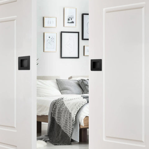 Two And Three Quarters Inch Recessed Finger Flush Pocket Door Pulls In Matte Black Stainless Steel Sliding Closet Door Handle Square Barn Door Hardware 2 Pack Built Tough For Daily Use Rust Proof Smooth Chamfered Edges installed on white doors