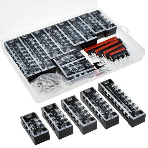 10 Pack 15A Screw Terminal Blocks With Wiring Strips, Dual Row, Covered, 3 4 5 6 8 Position Options, Pre Insulated Jumpers, 600V For Electrical Wiring Connections, Durable ABS Plastic Shell With Dust Cover