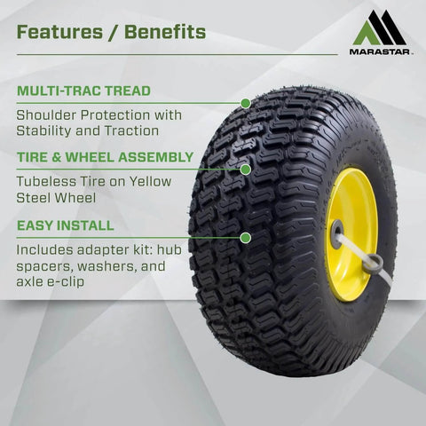Front Tire And Wheel Assembly For Riding Lawn Mower 15x6.00-6 Tubeless 4 Ply Replacement Set Ready To Roll 3 Inch Offset Hub With Oil Infused Bushings Grease Fitting Yellow Rim 2 Pack Compatible With John Deere 100 And 300 Series