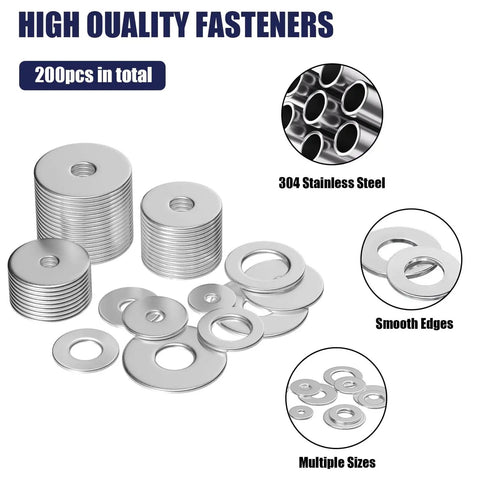 304 Stainless Steel Flat Washers Kit, 200 Pieces in 15 Sizes from M3 to M12, image of assorted heavy duty washers