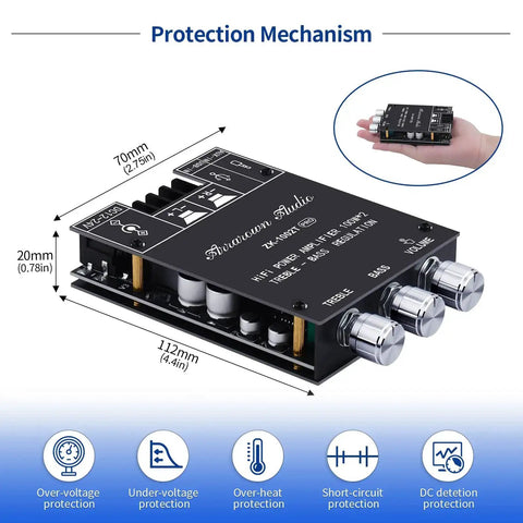 Image of 2 Channel Bluetooth Five Zero HiFi Amplifier Board with 100W and 100W output, showing size dimensions and protection features.