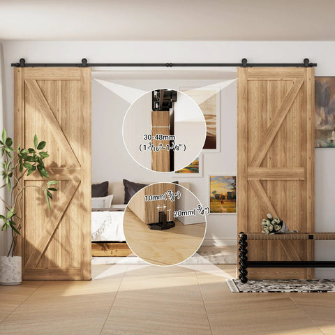 Installed Six Foot Sliding Barn Door Hardware Kit With Double Track, Heavy Duty T Shaped Style In Black Finish