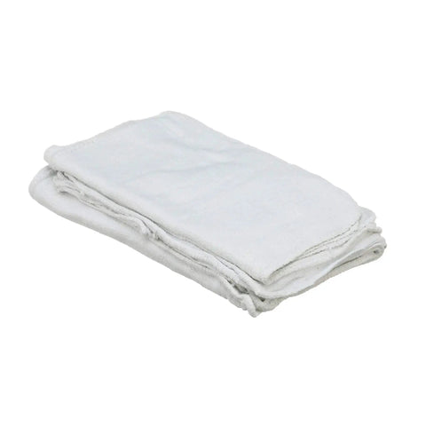 Stack of white industrial strength shop towels, bag of 25, size 12 by 13 inch, for grime dirt oil and grease cleanup, machine washable.
