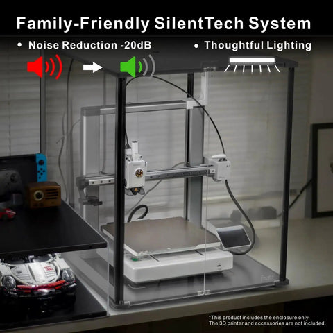 3D Printer Enclosure For Bambu Lab A1 With Fume And Odor Control, showcasing noise reduction and lighting, enclosed printer setup in black.