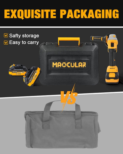 Cordless Angle Grinder 20V With 9600 RPM Brushless Motor package vs a grey carrying bag