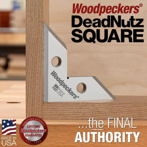 DeadNutz Machinist Square Three And One Half Inch Stainless Steel Precision Setup Tool With 0.0002 Inch Tolerance Inside And Outside Boss Level 90 Degree And 45 Degree Angles DNSQ-3 By Woodpeckers installed on a wooden board.