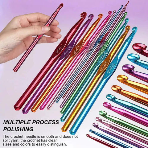 Colorful array of aluminum crochet hooks in 85-Piece Crochet Hooks Kit With Case, Ergonomic Hooks In Stainless And Aluminum, multiple sizes shown.