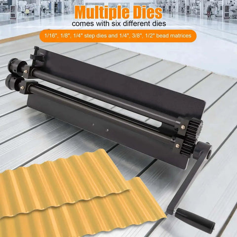 Pro Grade Sheet Metal Bead Roller for Beading and Flaring 18 Inch Throat Depth Heavy Duty Beading Tool with six dies on floor