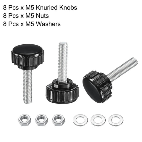 Beefy 8 Sets Knurled Knobs Thumb Screws With Nuts And Washers, M5 x 20mm, 18mm Black Plastic Head, Zinc Carbon Steel