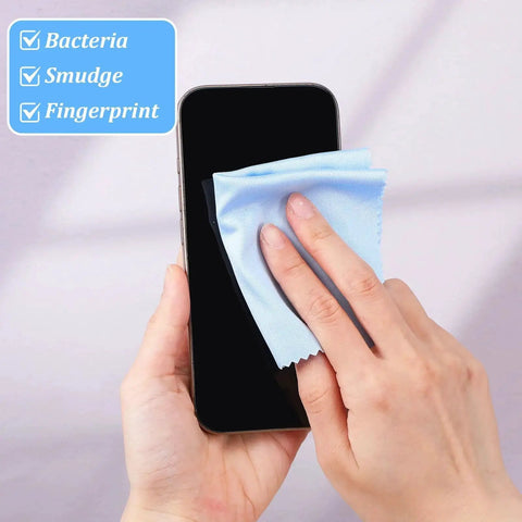 Cleaning phone screen with blue cloth from Multicolor 200 Pack Microfiber Cleaning Cloths For Glasses Screens Cameras