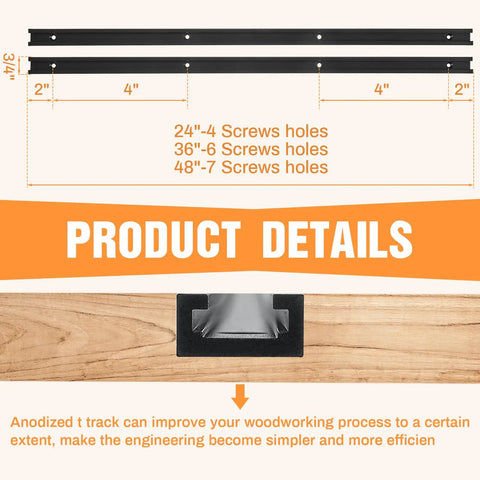 Diagram of Four Pack 60-Inch Universal T Track Rails with predrilled holes and dimensions for woodworking applications.