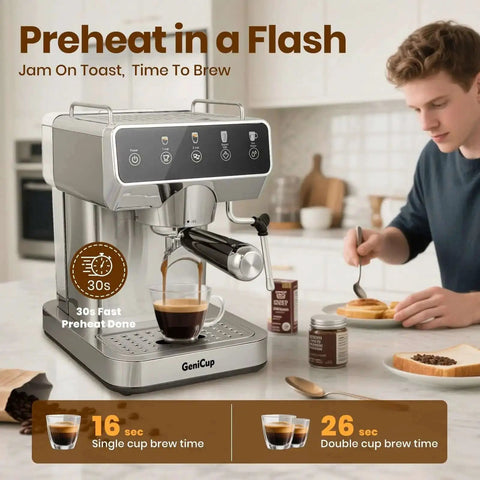 Espresso Machine With 20 Bar Pressure, Touchscreen Interface, Milk Frother And Hot Water, Stainless Steel Coffee Maker