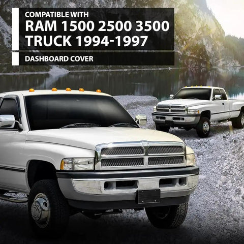 Two Dodge Ram 1500 trucks with TPE Dash Cover For Dodge Ram 1500 2500 3500 1994 To 1997 Gray on rocky terrain.
