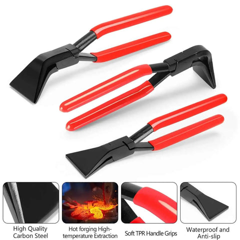 3-Piece Hand Seamers Sheet Metal Tools Set with straight, 45° and 90° jaws, red rubber grips, in red and black steel, great for bending metal