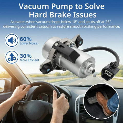 Amazon 12V brake booster vacuum pump kit EVP28; silver metal pump with black connector and installation accessories.