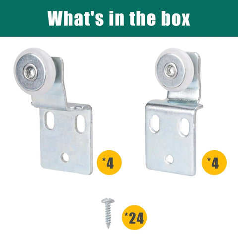 Four Pair Sliding Closet Door Roller Kit For Top Hung Doors With Three Quarters Inch Convex Wheels Ball Bearing Stamped Steel Rollers And Front Panel One Quarter Inch Offset And Rear Panel Three Eighths Inch Offset Brackets contents