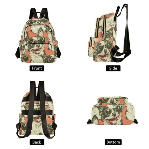 Quilted Womens Backpack Purse With Zipper Closure And Leather Handle Dope Everyday Carry Bag For Work Travel College And Social Life Adjustable Shoulder Strap Multiple Pockets Stylish Pattern Bag with dog design.