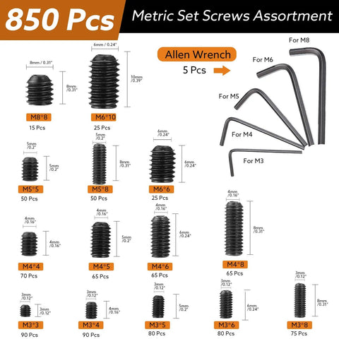 Pro Grade Set Screw Kit With 1400 Pieces In SAE And Metric Sizes 26 Size Assortment For DIY And Shop Use 12.9 Alloy Steel Black Zinc Head Socket Cup Point Screws M3 To M8 And One Eighth To Five Sixteenth Inch Threads, showing screw sizes and hex keys.