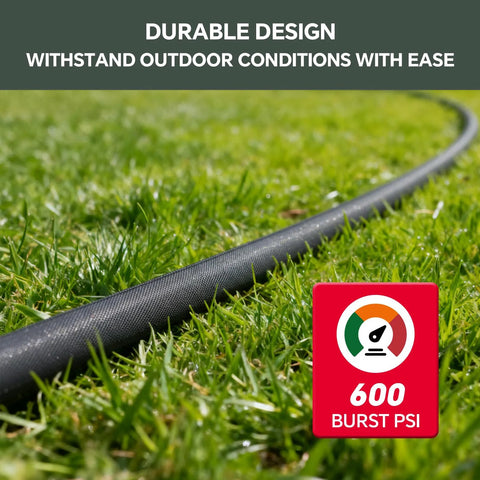 75ft non-expanding garden hose, black and gray, on grass with 600 PSI burst badge