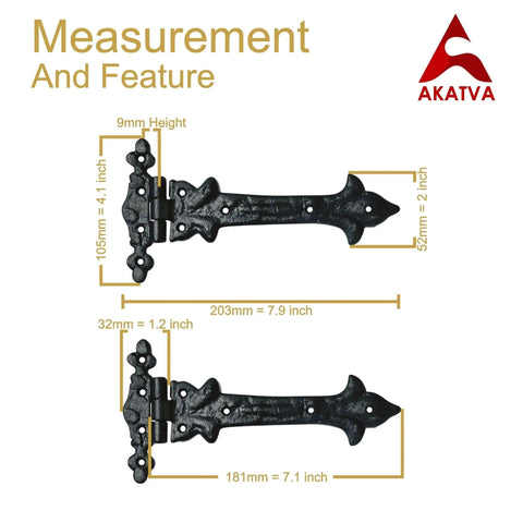 Heavy Duty T Hinge Set For Wooden Fences And Gates Black Matte Gate Hinges with size dimensions and Akatva logo