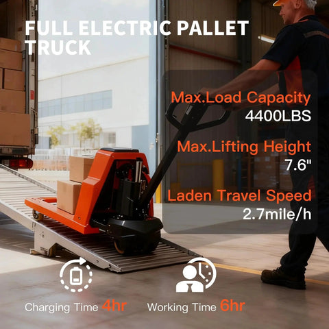 Electric pallet jack, orange, side view with 4400 lb capacity lifting pallets onto a loading dock.