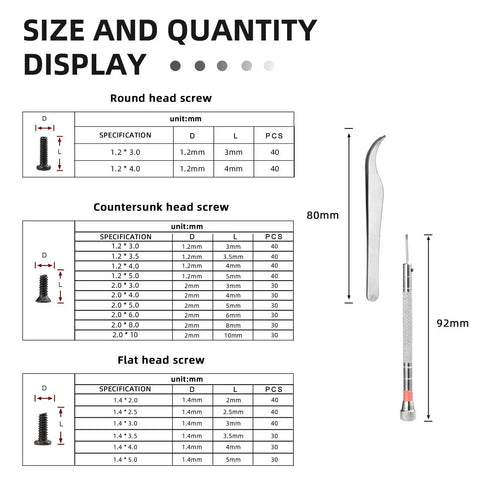 Size and quantity display of 630 pcs tiny micro repair screw kit pocket sized with 18 sizes micro screws mini screwdriver and tweezers