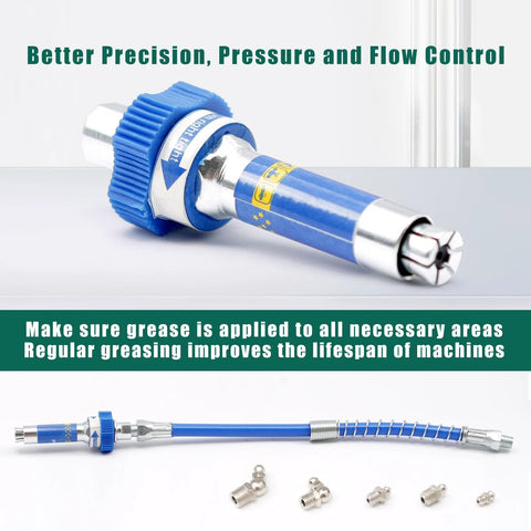 Grease gun coupler, blue lock-on high-pressure, 10th-generation heavy-duty fitting with hose and metal adapters